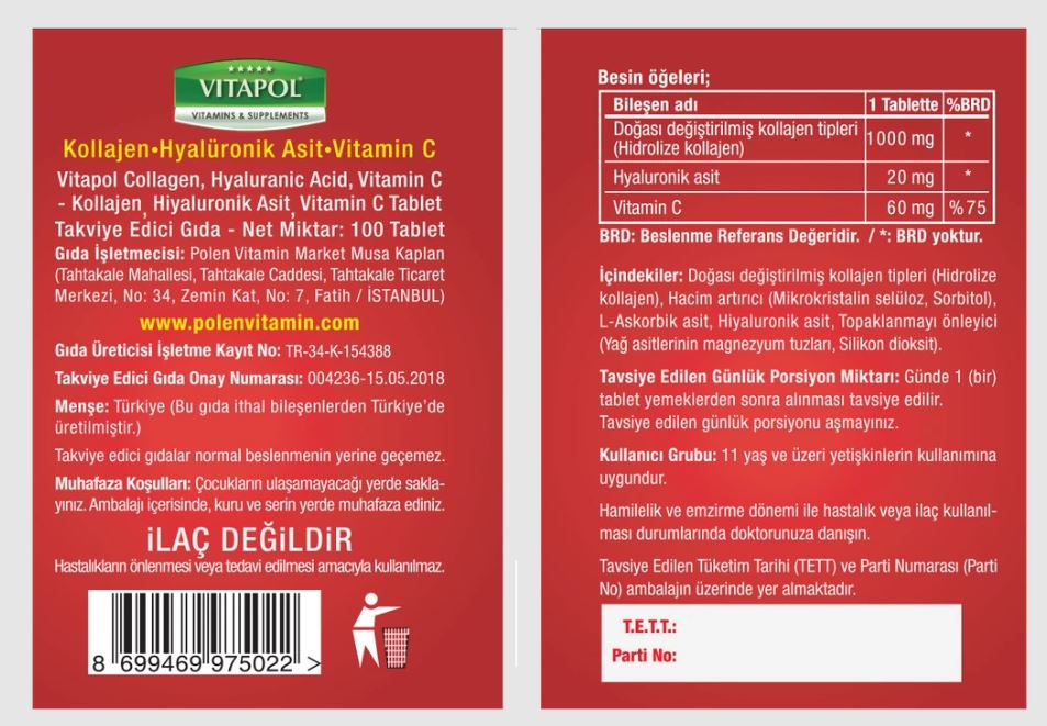 COLLAGEN &HYA&VİT C 100 TABLET TYPE1,2,3