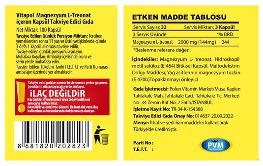 Magnezyum L-Treonat 2000 MG 100 Kapsül